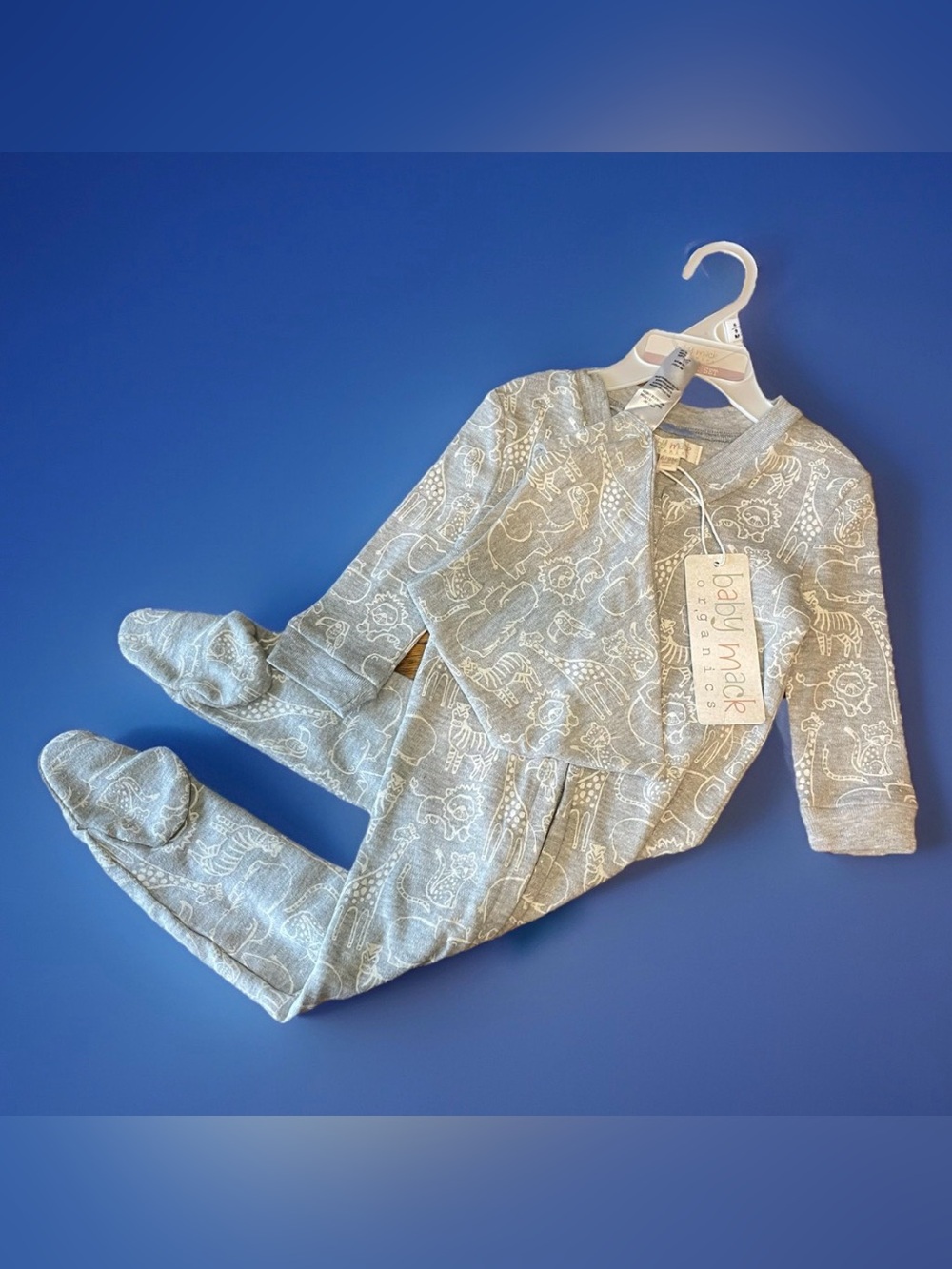 NWT Baby Mack Organics Sleep Play Set 6-9 Months Grey Safari Animal Sleeper Bib